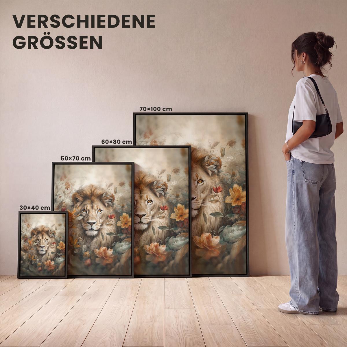 LEINWAND Bilder mit Rahmen - Löwe - Wildtiere - Pflanzen - Natur - Blumen - 30x40 - Beige, Textil (30/40cm) - MuchoWow