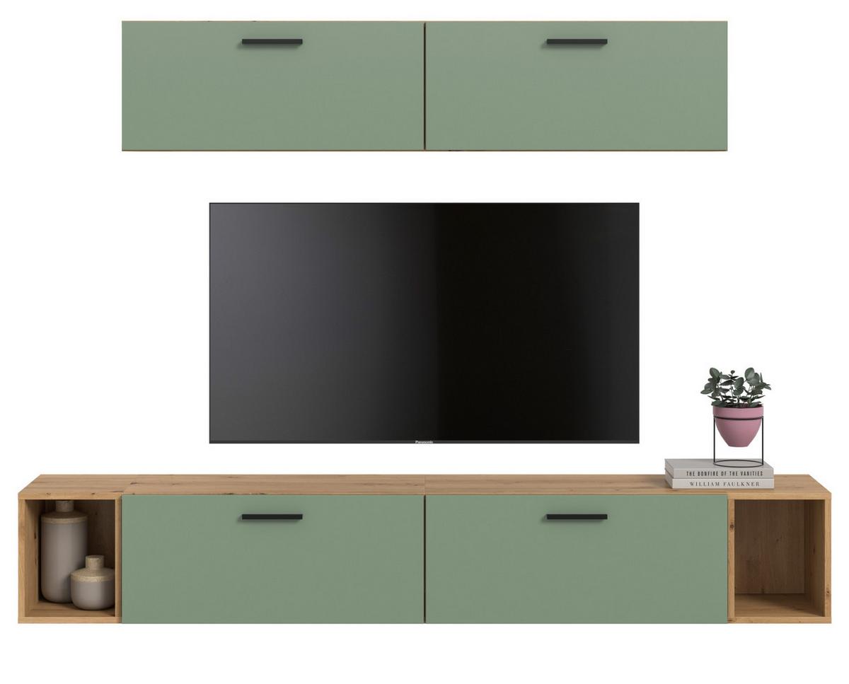 WOHNWAND grün, Eiche Artisan 202 cm, Schrankwand mit Soft-Close - Schwarz/Eiche Artisan, Holzwerkstoff/Kunststoff (202/184/34cm) - Inn.Furn