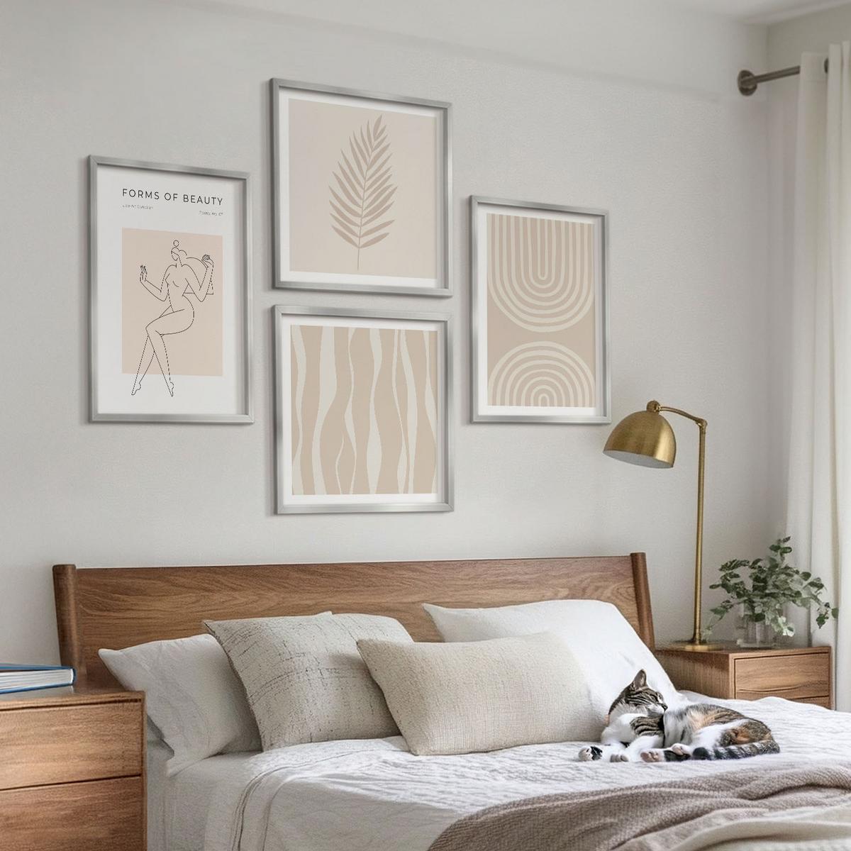 BILDER SET 4er Set - 50x50 cm & 40x60 cm Silberner Rahmen - Abstrakte Boho-Dekorationen - Silberfarben, Kunststoff (50/50cm) - TULUP