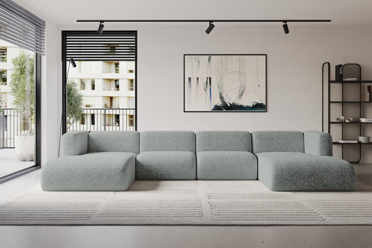 WOHNLANDSCHAFT MIRA-U2 408x179x70 Grün Velours - Schwarz/Hellgrün, Holzwerkstoff/Kunststoff (408/70/179cm) - ALTDECOR