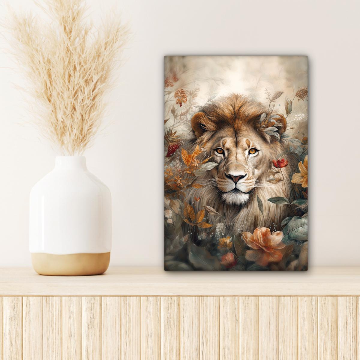LEINWANDBILD Löwe - Wildtiere - Pflanzen - Natur - Blumen Deko Wohnzimmer 20x30 cm - Beige, Textil (20/30cm) - MuchoWow
