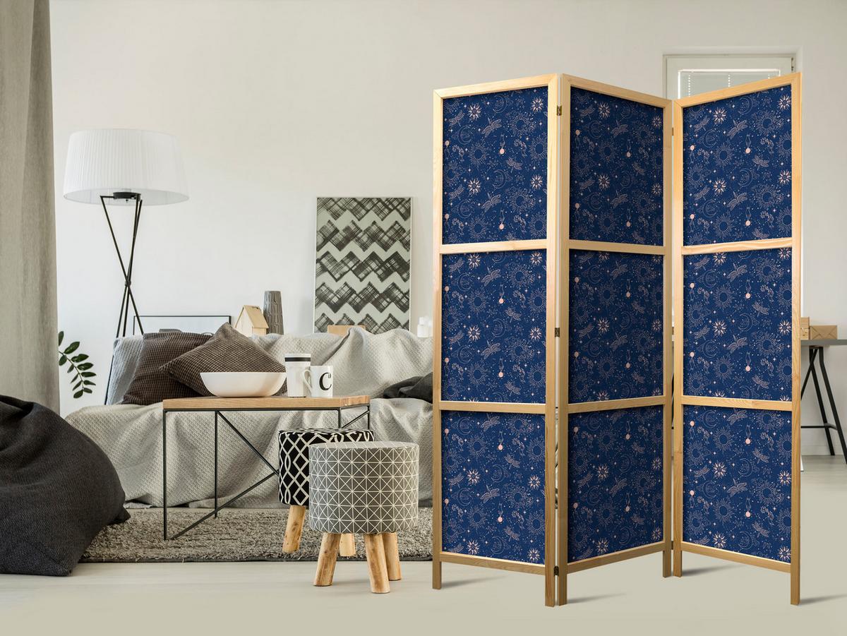 PARAVENT Japanischer 3-tlg 135x172 cm Kosmische Inspiration - Blau, Holz/Textil (135/172/3cm) - Muralo