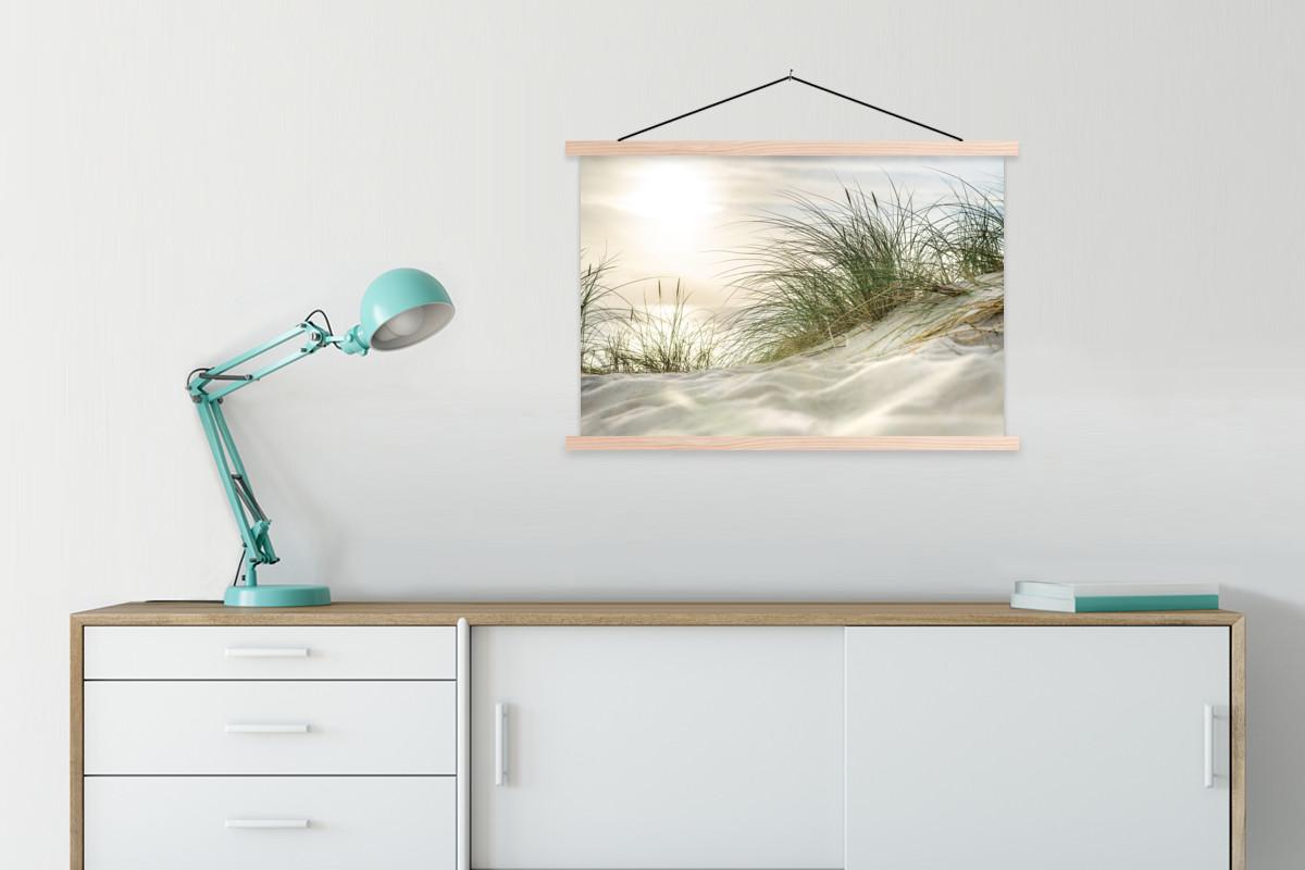 POSTER MIT MAGNETLEISTEN Dünen mit Strandhafer in der Sonne des Nationalparks Schleswig-Holsteinisches Wattenmeer Wanddeko 90x60 cm - Creme, Textil (90/60/0.15cm) - MuchoWow