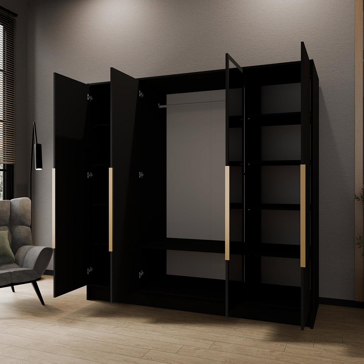 KLEIDERSCHRANK Mono Lux mit Speigel, Drehtüren mit Goldene Metallgriffe, Schwarz 200/200/51 cm - Goldfarben/Schwarz, Holzwerkstoff (200/200/51cm) - WFL GROUP