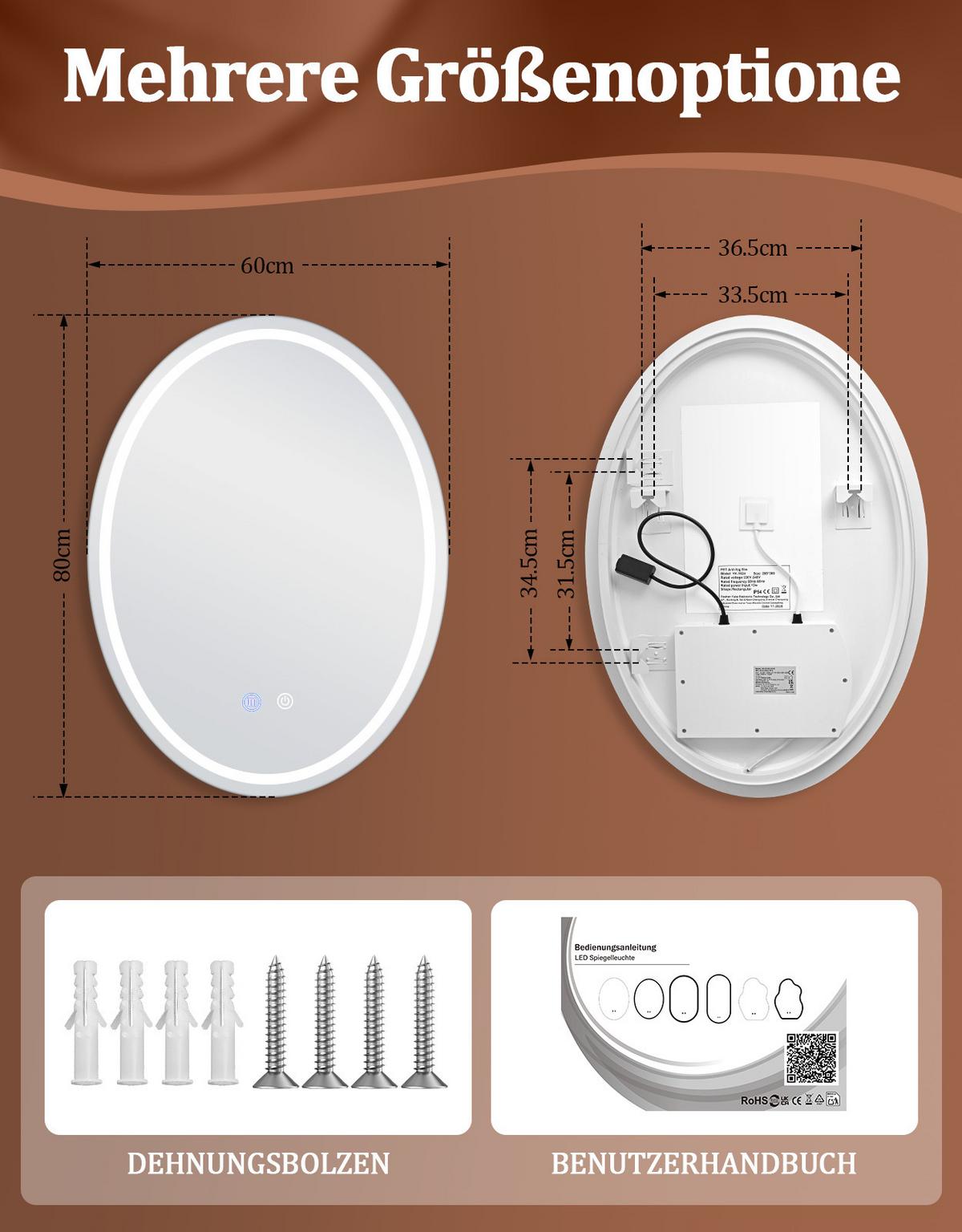 BADSPIEGEL mit Beleuchtung Laryn 3/60/80 cm - Weiß, Glas (60/80/3cm) - ZMH