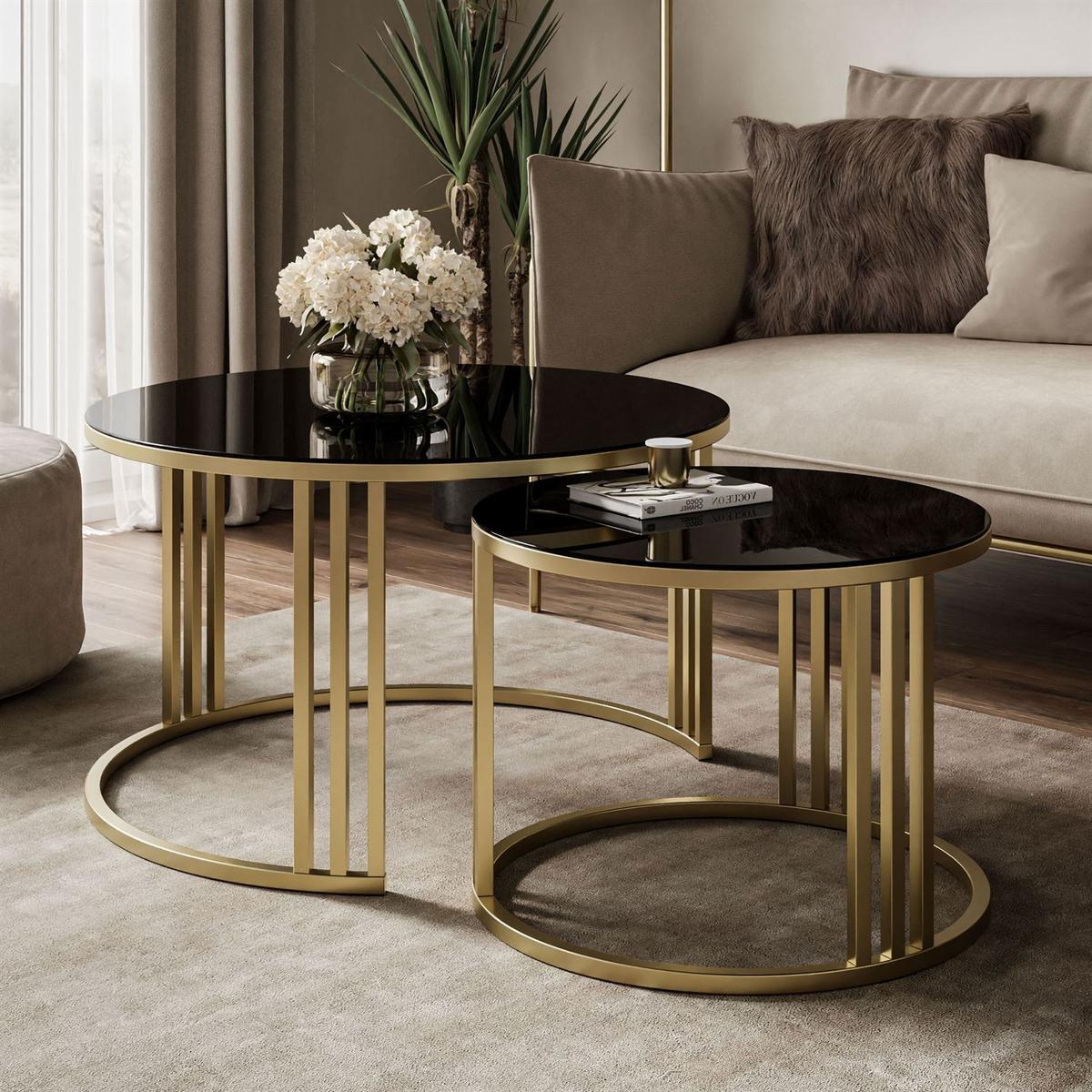 COUCHTISCH 2in1 LORI GLASS gebürstetes Gold, gebürstetes Gold / schwarzes Glas - Schwarz, Metall (70/70/43cm) - Lookway
