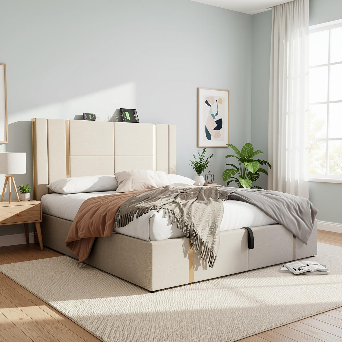 POLSTERBETT Leinen Beige mit LED USB Typ C Stauraum 160×200 cm - Beige, Holzwerkstoff/Textil - Urban Meuble
