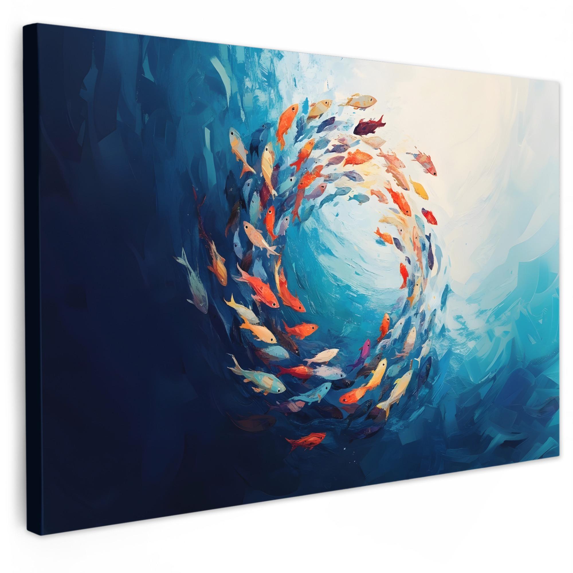 LEINWANDBILD Meer - Fische - Bunt - Dynamisch Wohnzimmer Groß 120x80 cm - Hellblau, Textil (120/80cm) - MuchoWow