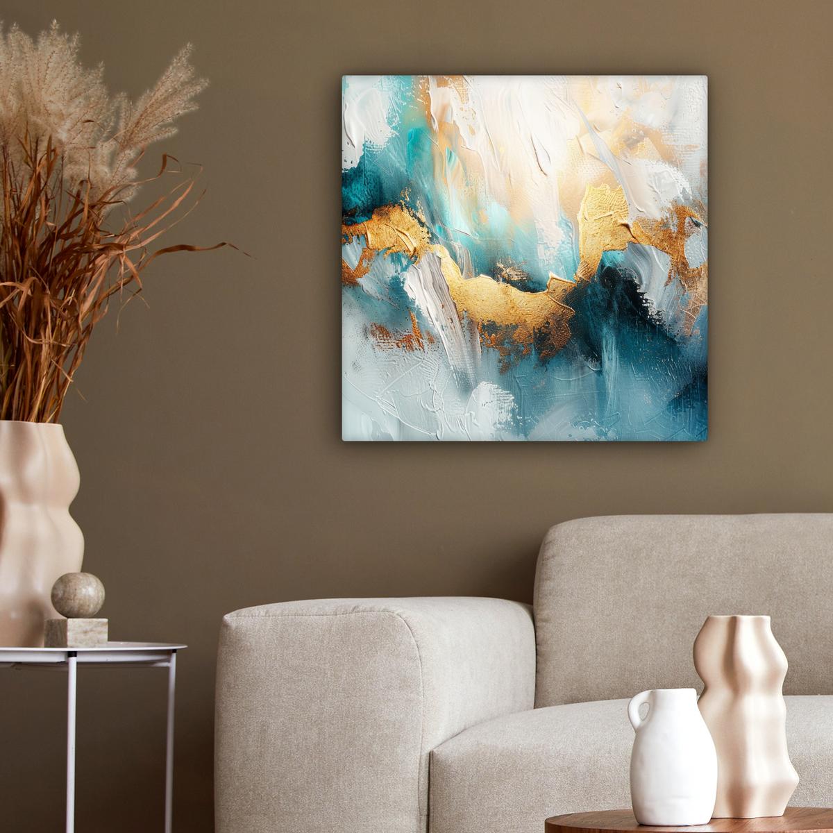 LEINWANDBILD Abstrakt - Kunst - Gold - Blau Wandbild Wohnzimmer 50x50 cm - Petrol, Textil (50/50cm) - MuchoWow