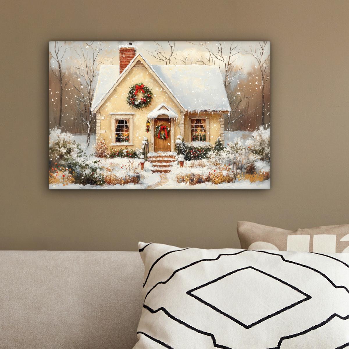 LEINWANDBILD Weihnachten - Zuhause - Winter - Schnee Deko Schlafzimmer 30x20 cm - Creme, Textil (30/20cm) - MuchoWow