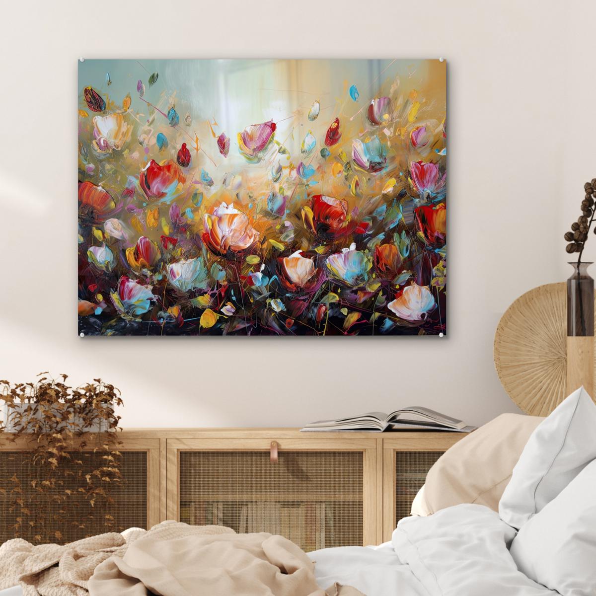 ACRYLGLASBILD Blumen - Kunst - Natur - Ölgemälde 80x60 cm - Multicolor, Glas (80/60cm) - MuchoWow