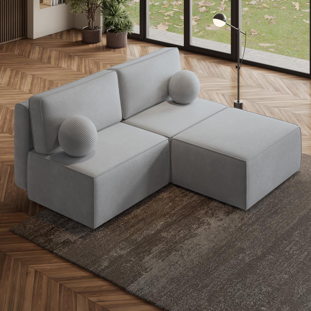 ECKSOFA VARNA P Hellgrau Kordstoff mit Schlaffunktion - Hellgrau/Grau, Holz/Kunststoff (196/158cm) - MASSENO