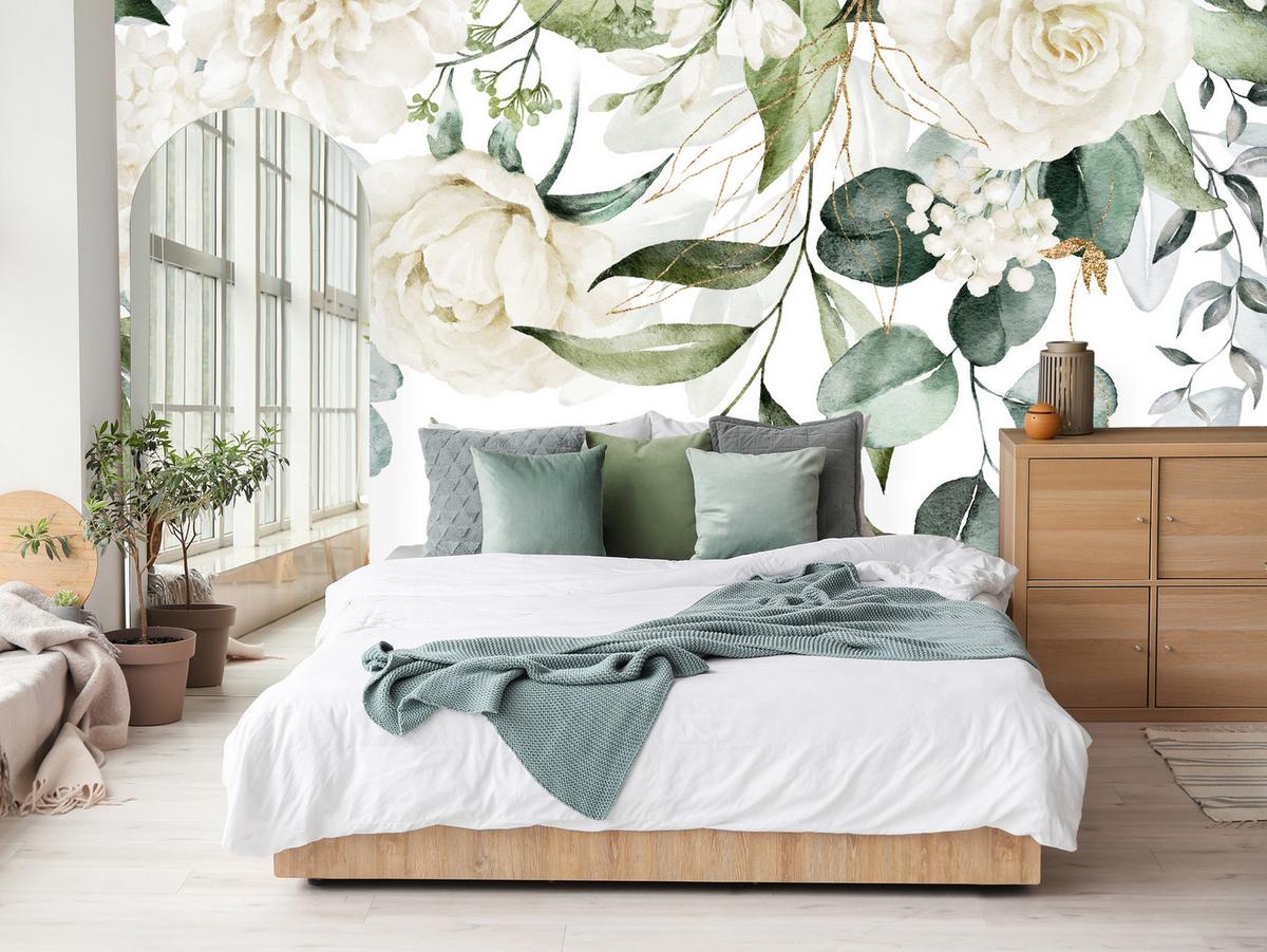 FOTOTAPETE für Schlafzimmer Aquarell Weiße Blumen Pfingstrosen Blätter Natur 350x256 - Creme/Weiß, Papier (350/256cm) - Muralo