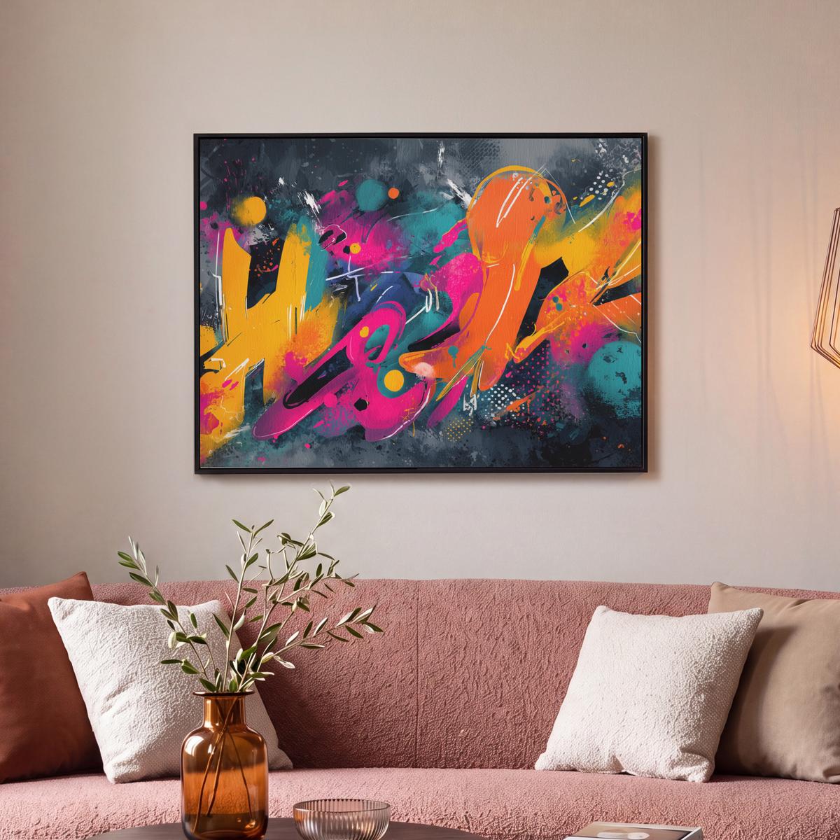 LEINWAND Bilder mit Rahmen - Abstrakt - Graffiti - Farbenfroh - Farbspritzer - 70x50 - Multicolor, Textil (70/50cm) - MuchoWow