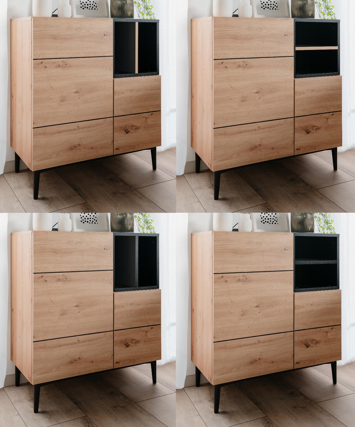 KOMMODE Eiche Artisan, schwarz 80 x 90 cm, Schrank 2-türig mit 7 Fächern - Schwarz/Eiche Artisan, Holzwerkstoff (80/90/42cm) - Furn.Design