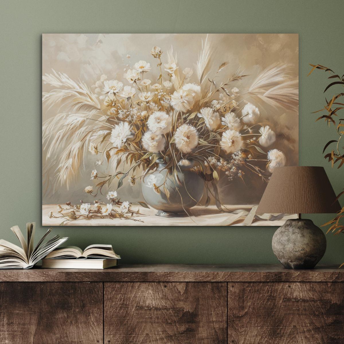 AKUSTIKBILD Blumen - Vase - Stilleben - Beige Gemälde 80x60 cm - Creme, Kunststoff (80/60/0.9cm) - MuchoWow