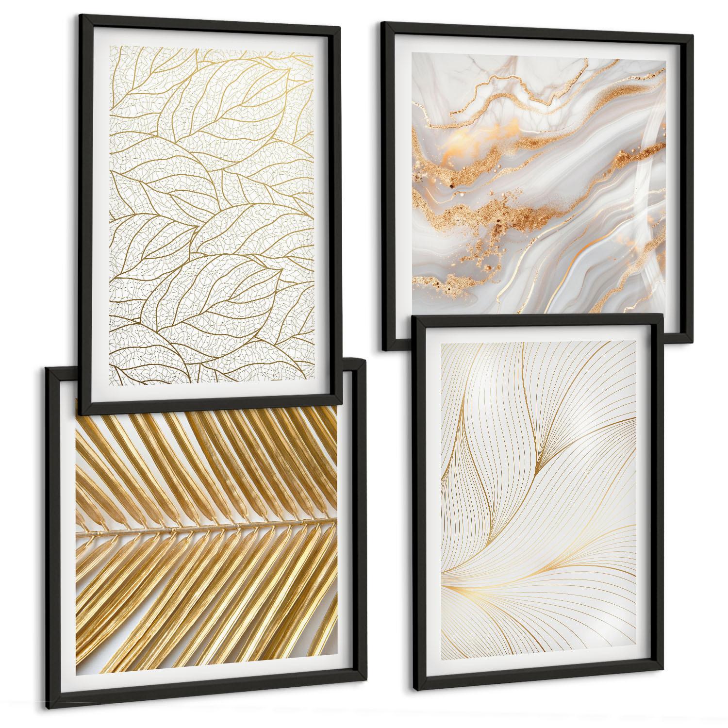BILDER SET 4er Set - 50x50 cm & 40x60 cm Schwarzer Rahmen - Blattmuster Marmor abstrakt - Schwarz, Kunststoff (50/50cm) - TULUP