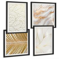 BILDER SET 4er Set - 50x50 cm & 40x60 cm Schwarzer Rahmen - Blattmuster Marmor abstrakt - Schwarz, Kunststoff (50/50cm) - TULUP