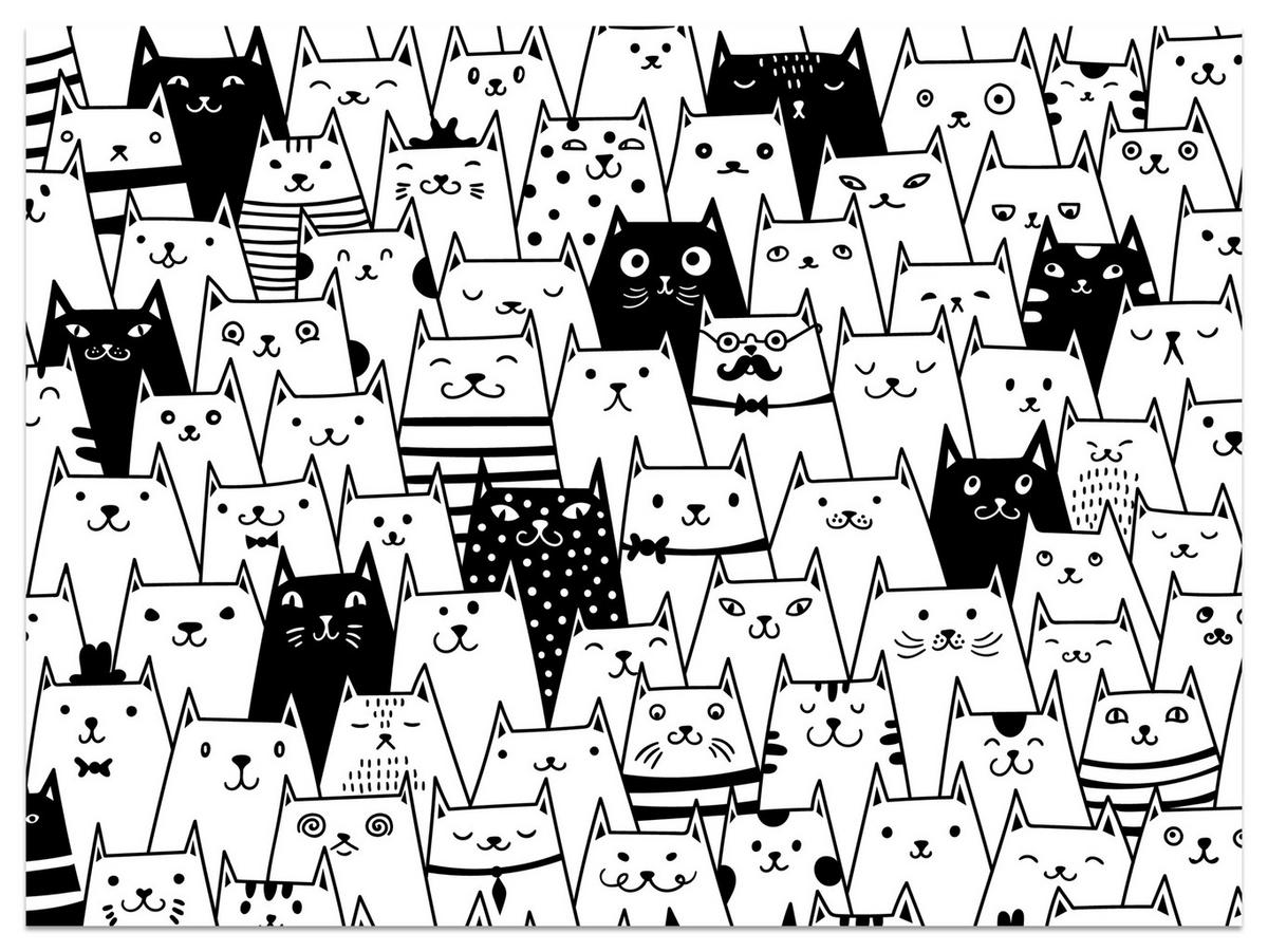 FOTOTAPETE für Kinderzimmer Schwarze Weiße Comic Katzen 100x70 - Schwarz/Weiß, Papier (100/70cm) - Muralo