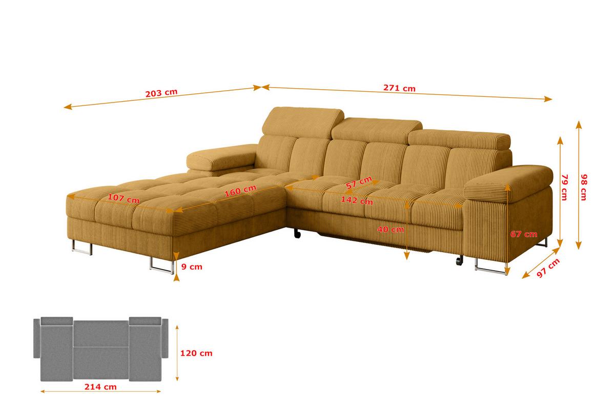 ECKSOFA mit Schlaffunktion Ottomane Links 271x203x79 Senfgelb Cord - Honig, Holzwerkstoff/Textil (271/203cm) - ALTDECOR