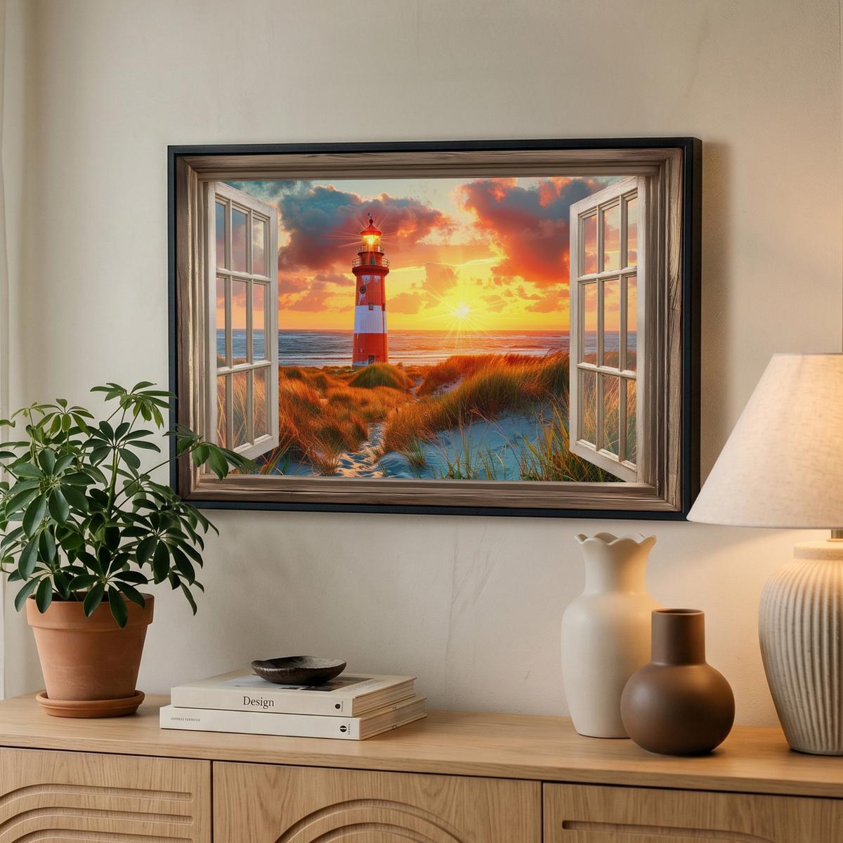 LEINWAND Bilder mit Rahmen - Aussicht - Fenster - Leuchtturm - Sonnenuntergang - Strand - 60x40 - Dunkelorange, Textil (60/40cm) - MuchoWow