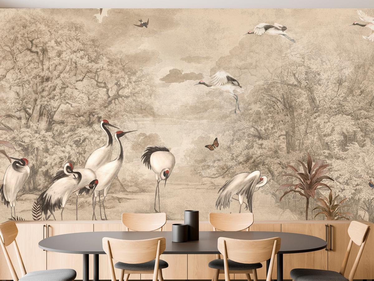 FOTOTAPETE für Schlafzimmer Retro Kraniche Wald Bäume Vögel 450x315 - Beige/Rot, Papier (450/315cm) - Muralo