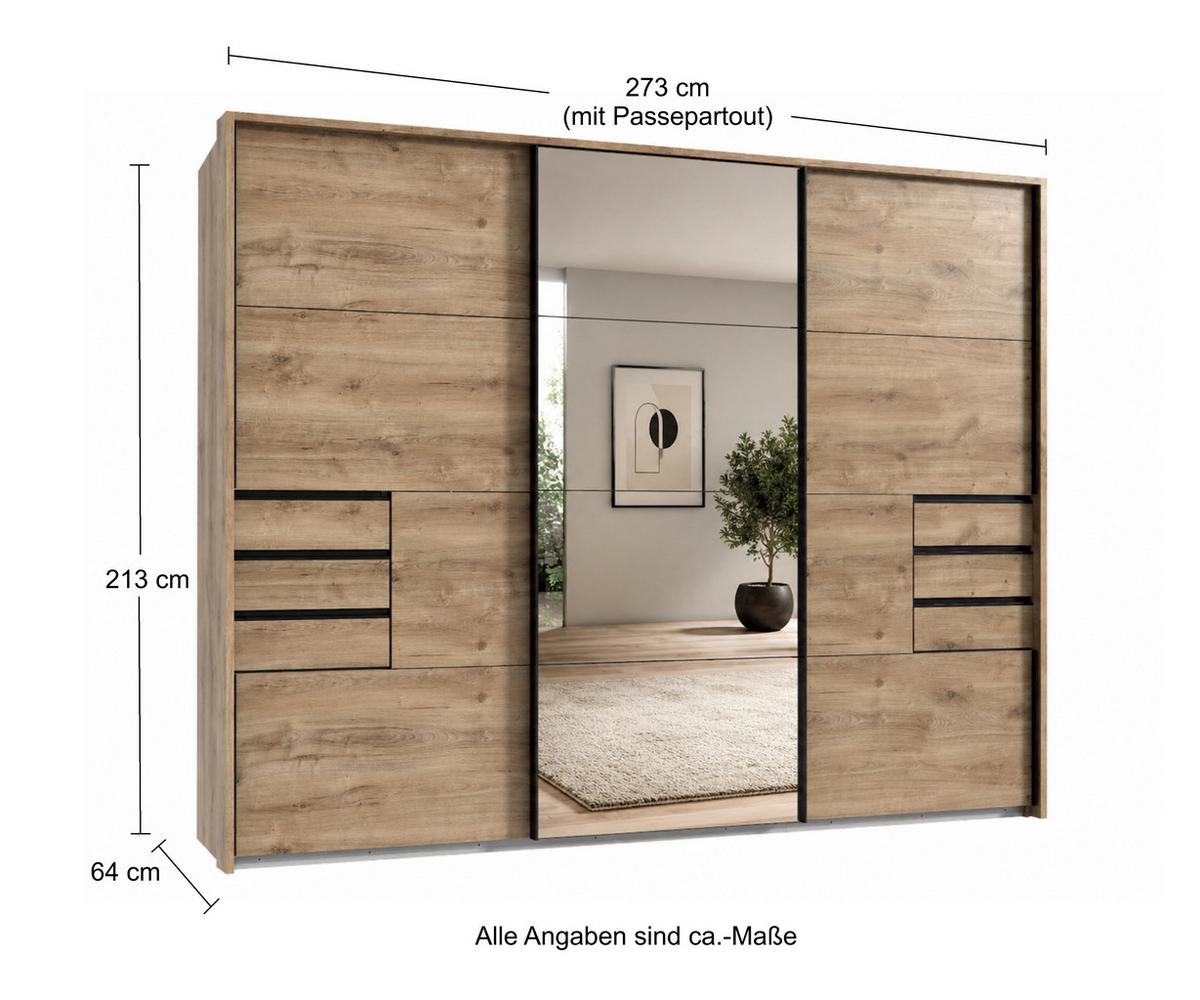 SCHWEBETÜRENSCHRANK 3-türig B273/H213/T64 cm, Eiche Dekor/Spiegel, Passepartout-Kleiderschrank mit Schubladen & Vollausstattung / 22618 - Eichefarben/Schwarz, Holzwerkstoff/Metall (273/213/64cm) - luma-home