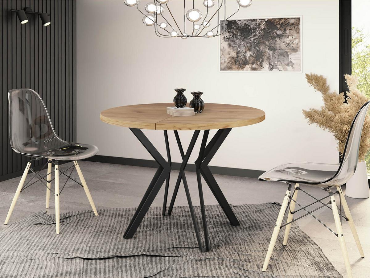 ESSTISCH Revena runder ausziehbarer, Craft Eiche 120-200/120/76 cm - Eiche Wotan/Schwarz, Holzwerkstoff/Metall (120/200/76cm) - WFL GROUP