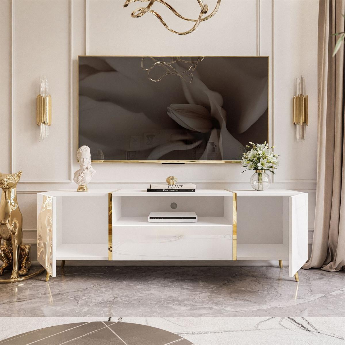 TV-ELEMENT ONYX AUF GOLDENEN BEINEN HOCHGLANZ 158 CM PUSH OPEN - Weiß, Holzwerkstoff (158/53/41.3cm) - Lookway