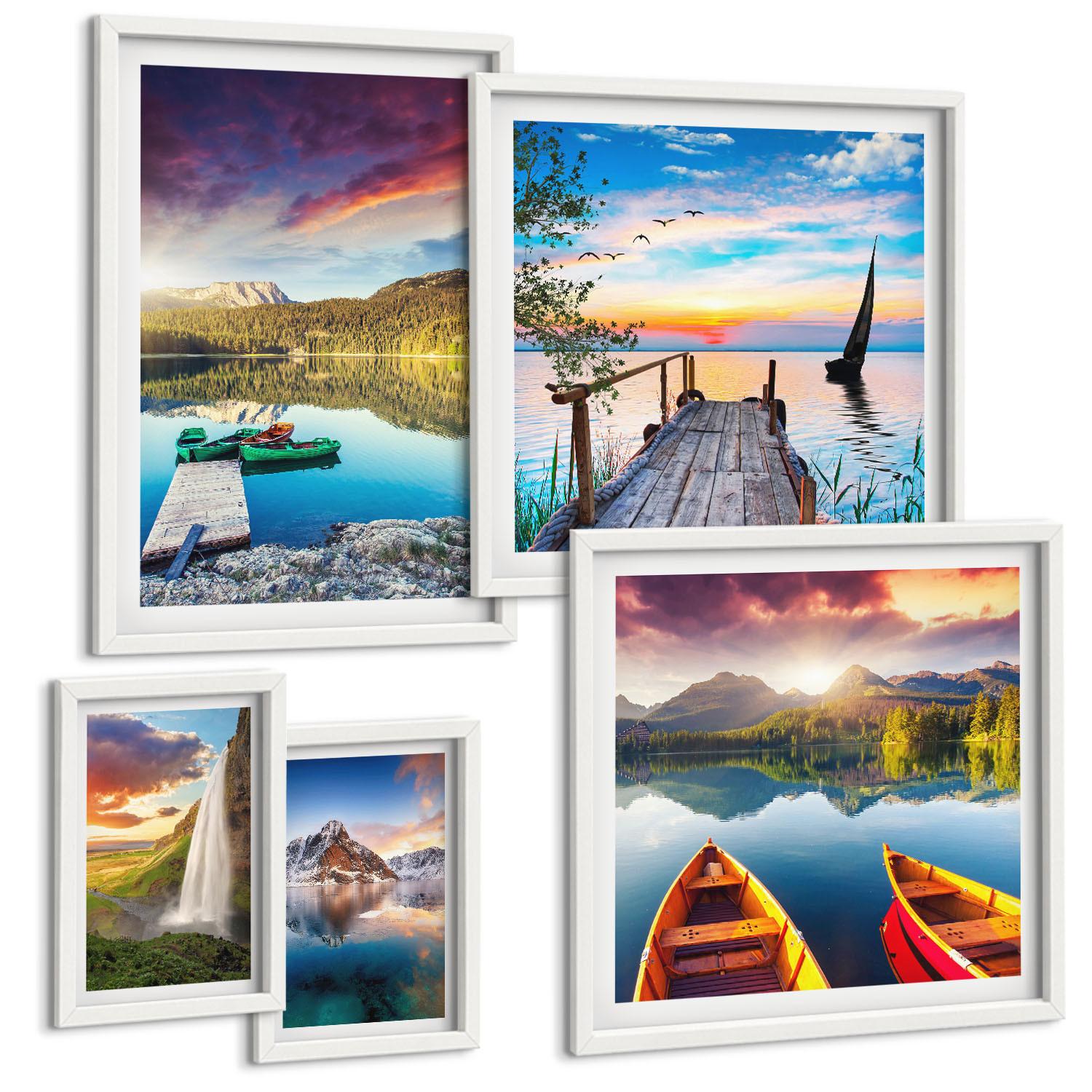 BILDER SET 5er Set - 50x50 cm & 20x30 cm & 40x60 cm Weißer Rahmen - Seen- und Berglandschaft Łódź - Weiß, Kunststoff (40/60cm) - TULUP