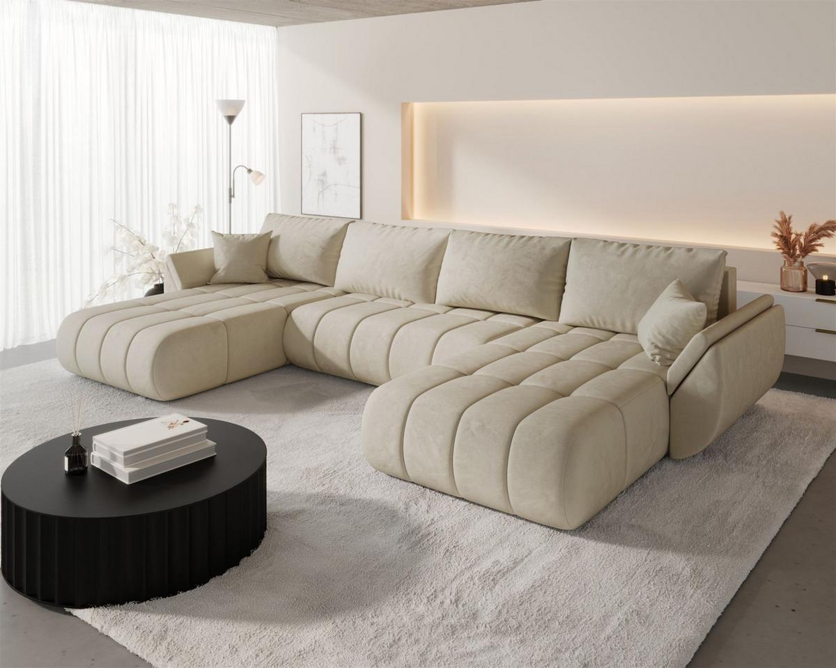 WOHNLANDSCHAFT Misato In Monolith - Creme, Holzwerkstoff/Textil (384/85/175cm) - Fun Möbel