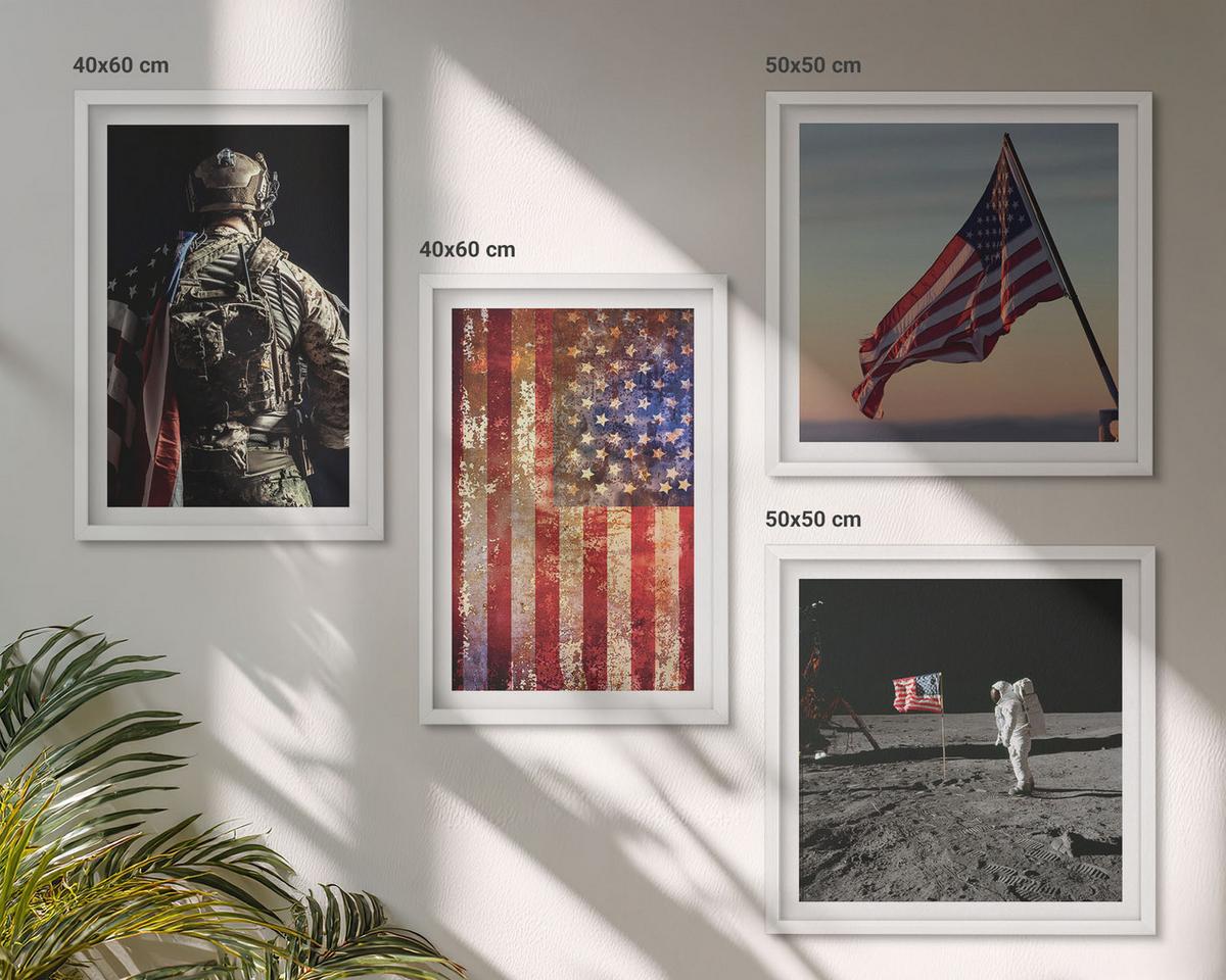 BILDER SET 4er Set - 50x50 cm & 40x60 cm Weißer Rahmen - Amerikanische Symbole, USA-Flagge - Weiß, Kunststoff (50/50cm) - TULUP