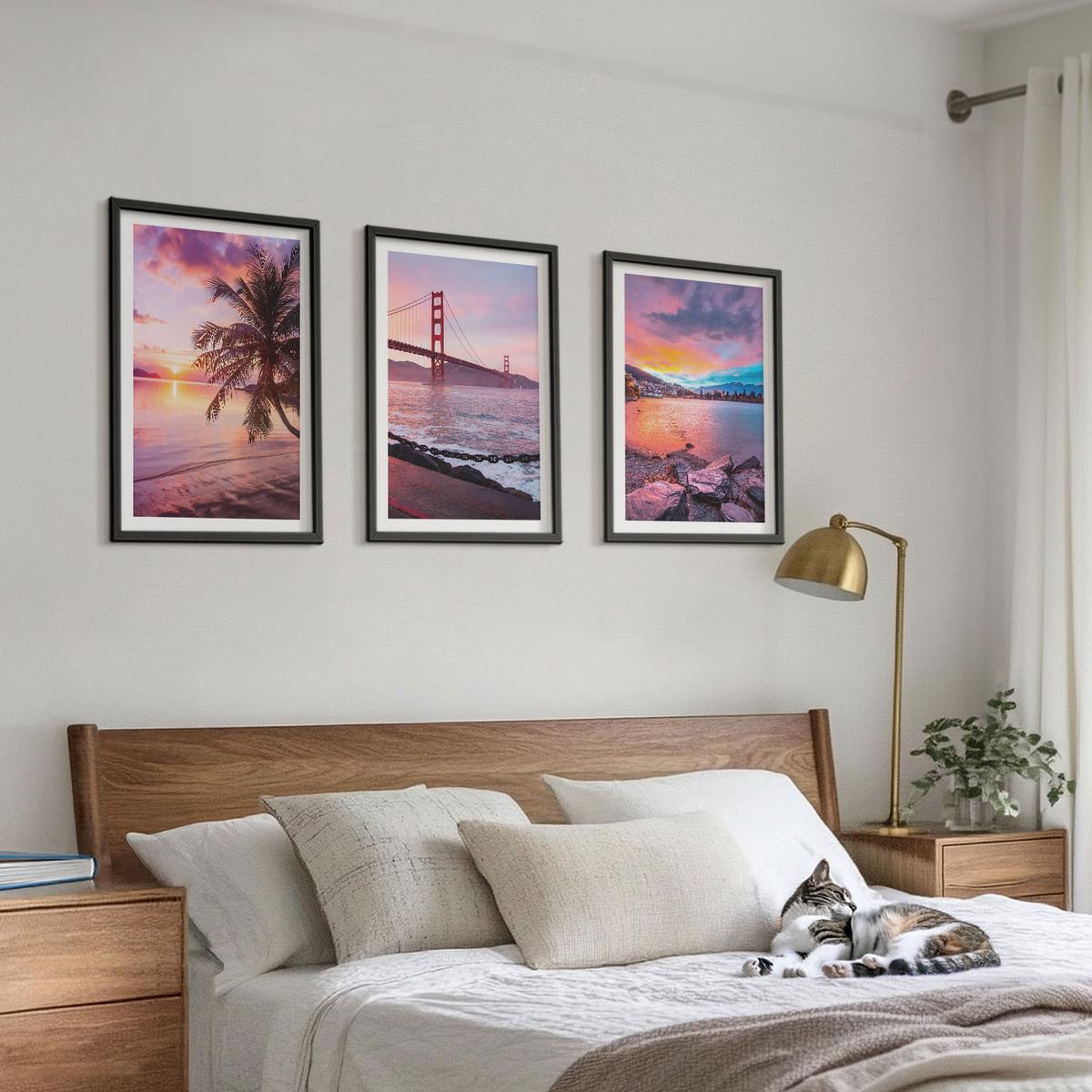 BILDER SET 3er Set - 40x60 cm Schwarzer Rahmen - Sonnenuntergangsbrücke Landschaft - Schwarz, Kunststoff (40/60cm) - TULUP
