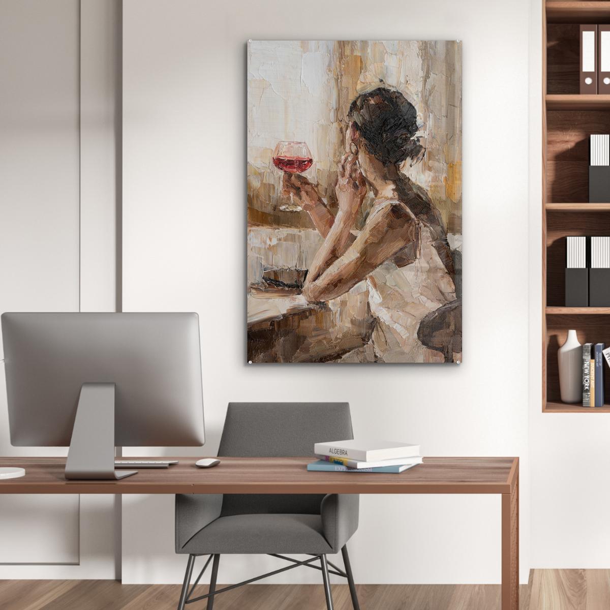 ACRYLGLASBILD Ölgemälde - Frau - Wein 80x120 cm - Hellbraun, Glas (80/120cm) - MuchoWow