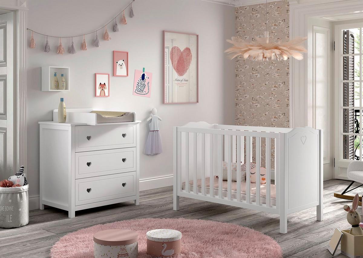 BABYZIMMER SET Kamila 3tlg Weiß Bett Kommode Wickelaufsatz - Weiß, Holz (67/88/129cm) - 58aufmkessel