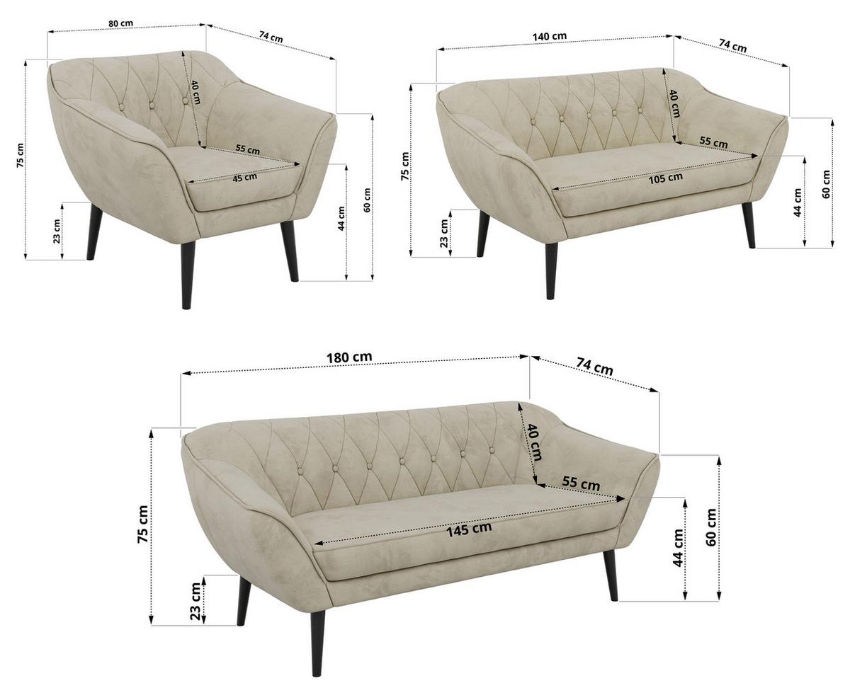 SITZGARNITUR PIRS 3+2+1 - Beige Velvet - Schwarze Beine - Beige/Schwarz, Holzwerkstoff/Textil (180/75/74cm) - MKS