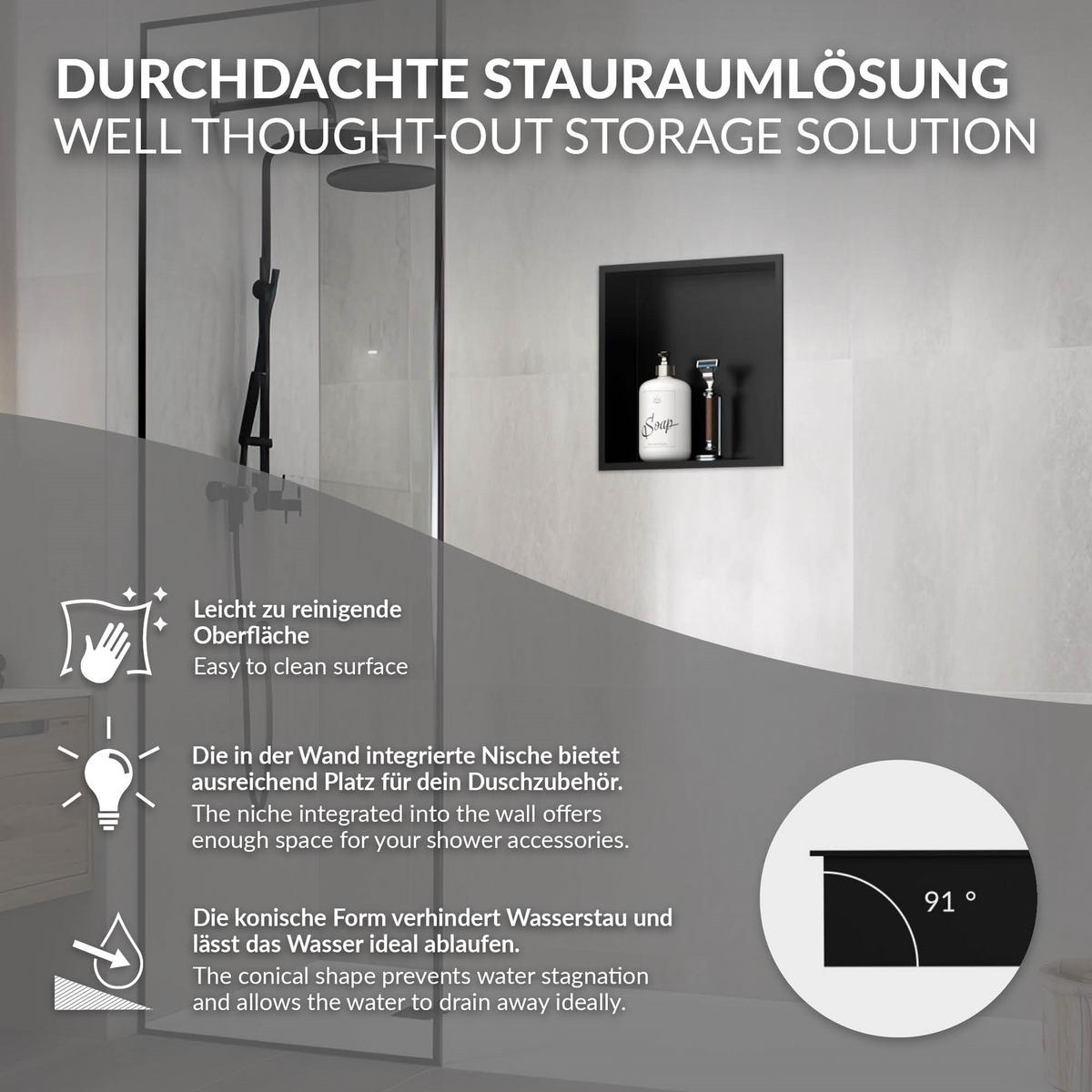 DUSCHNISCHE Schwarz 30/30 cm mit Rahmen - Schwarz, Metall (30/30/10cm) - LuxeBath