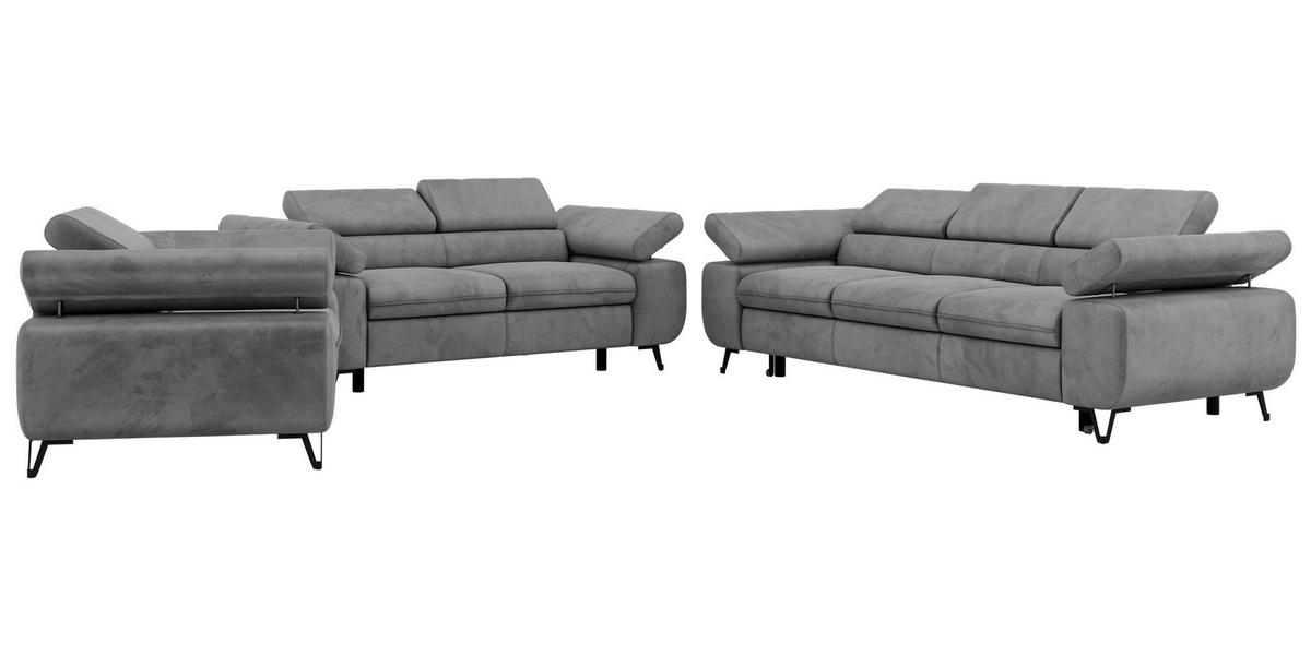 SITZGARNITUR PETER 1+2+3 mit Schlaffunktion - Hellgrau Velvet - Silberfarben/Hellgrau, Textil/Metall (262/76/99cm) - MKS