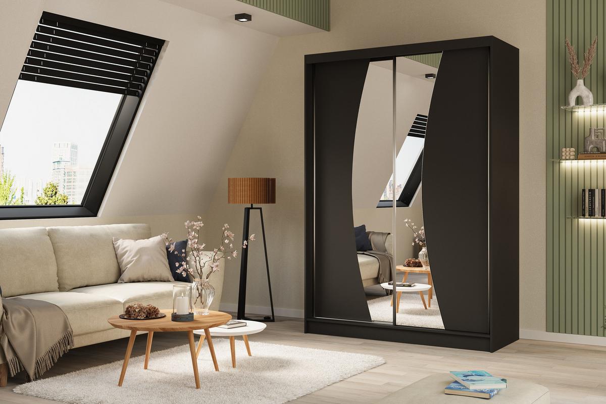 KLEIDERSCHRANK mit Spiegel-Schiebetüren und Aluminium-Leisten - VOXI - 150 cm Schwarz - Schwarz, Holzwerkstoff (150/216/61cm) - ALTDECOR