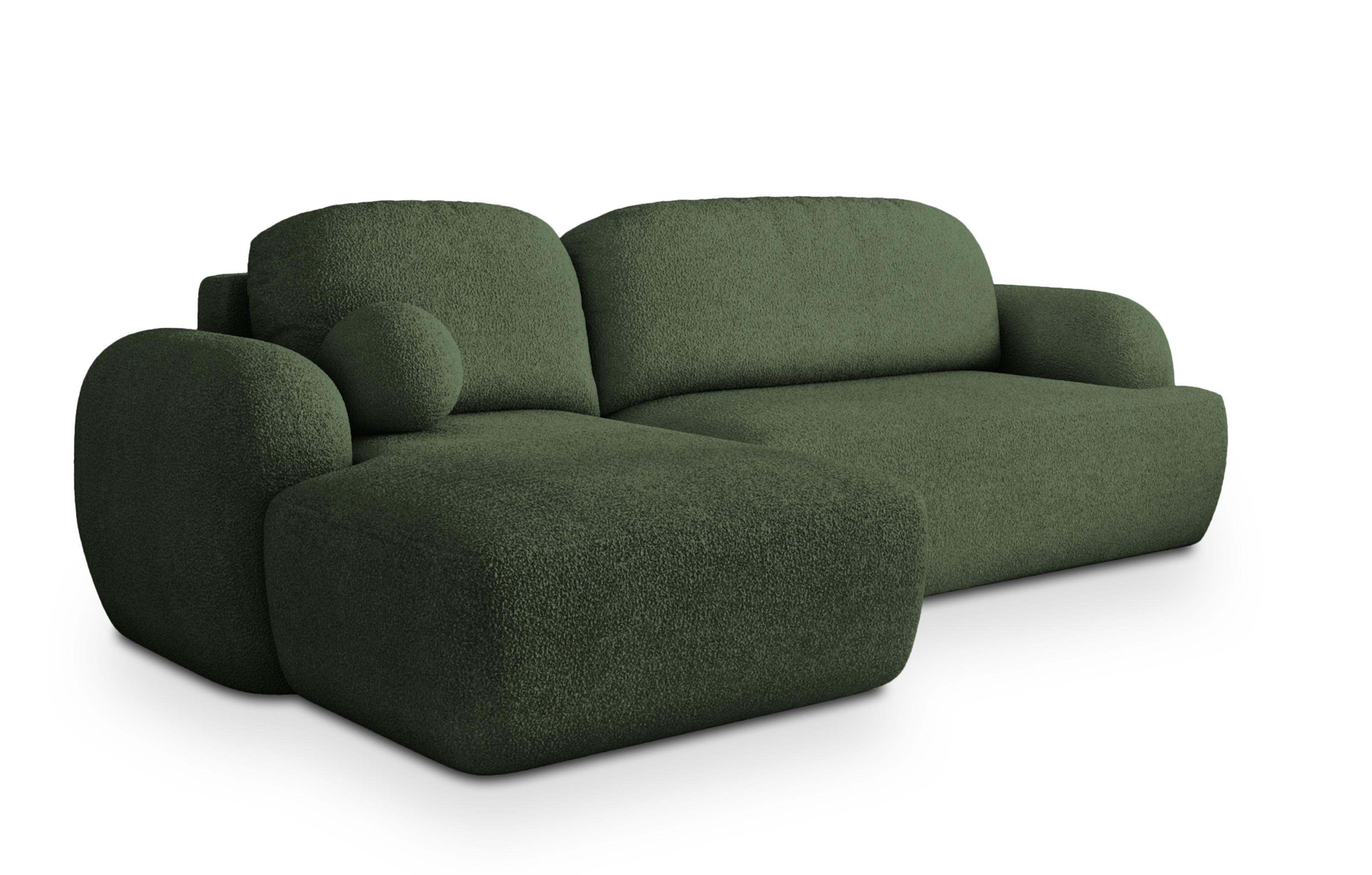 ECKSOFA MODENZA N L-S Grün Boucle-Stoff mit Schlaffunktion - Schwarz/Grün, Holz/Kunststoff (266/148cm) - MASSENO