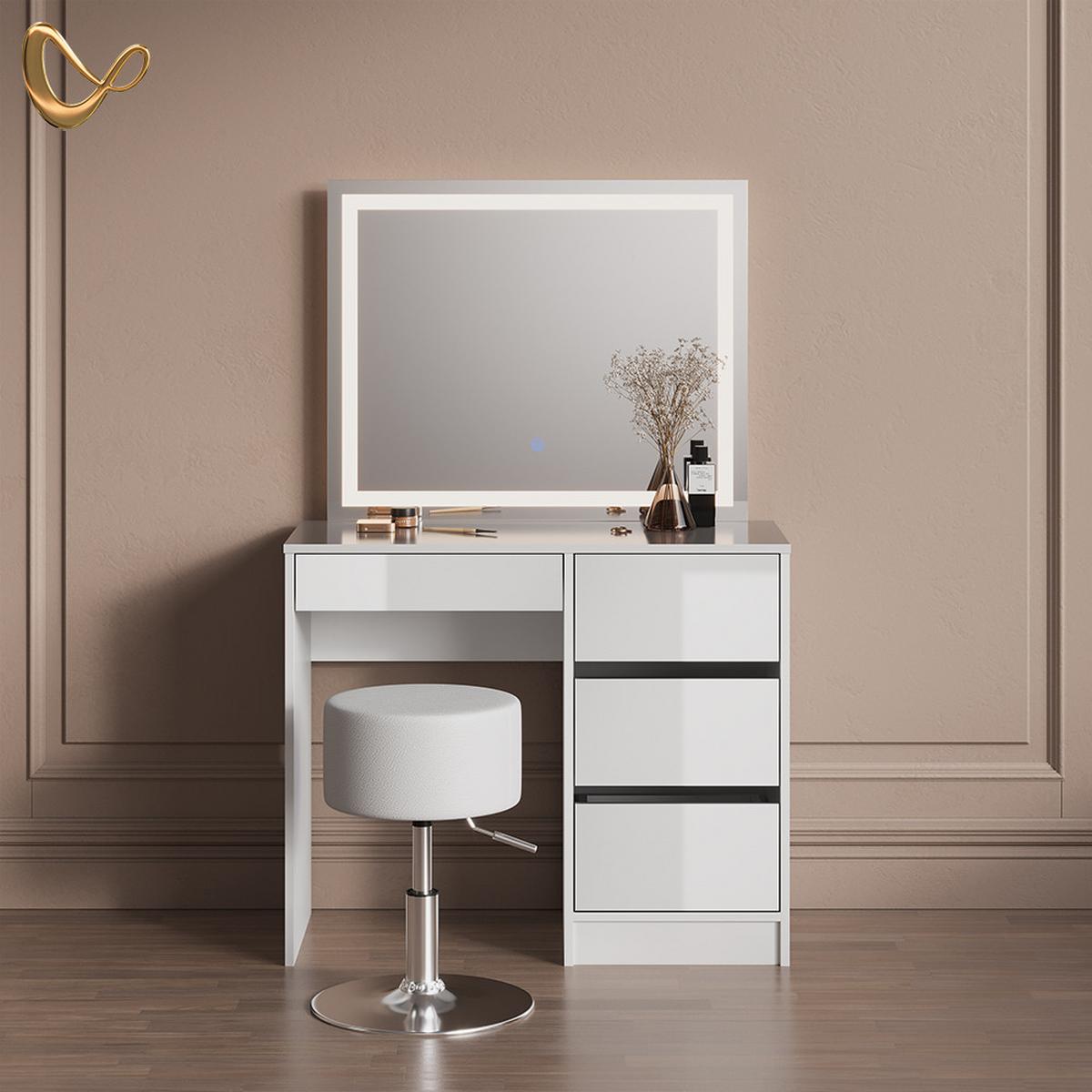 SCHMINKTISCH Imola Weiß mit LED-Spiegel und Hocker - Weiß, Holzwerkstoff (90/75/40cm) - Livinity®