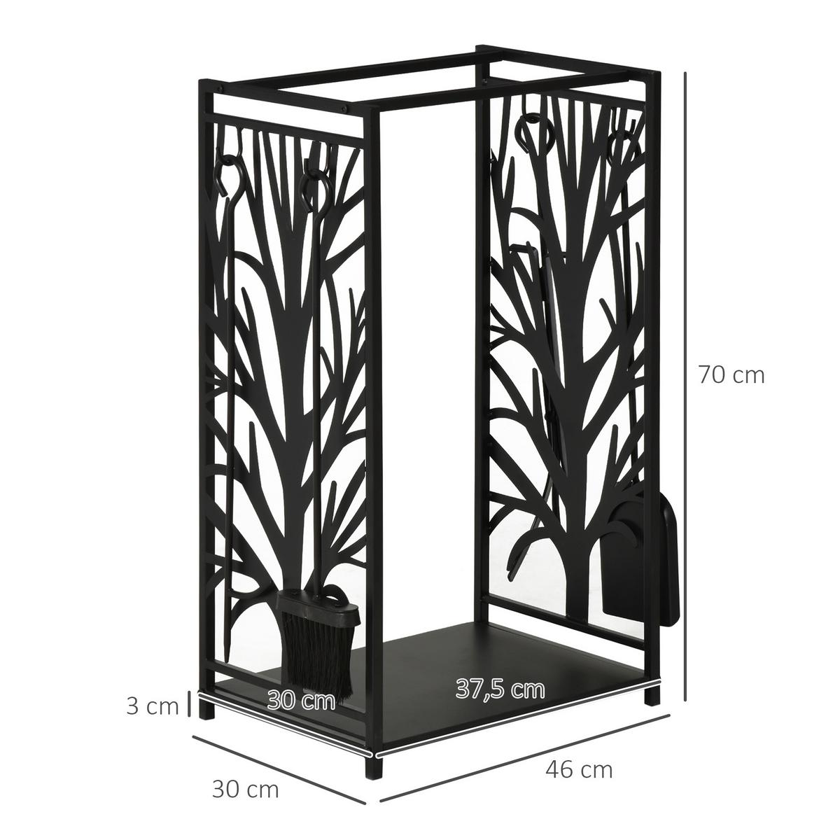 KAMINHOLZREGAL mit Kaminbesteck Erhöhtes Brennholzregal Feuerholzablage Stahl - Schwarz, Metall (30/70/46cm) - HOMCOM