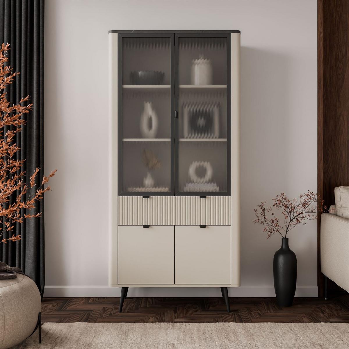 BREITE Vitrine AUTUMN 2D2W1S mit Schublade, Kaschmir / Grauer Stein - Beige, Holzwerkstoff (90/191/40cm) - Lookway