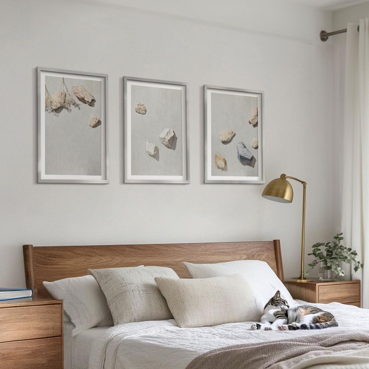 BILDER SET 3er Set - 40x60 cm Silberner Rahmen - Boho-Stranddekorationen aus Steinen - Silberfarben, Kunststoff (40/60cm) - TULUP