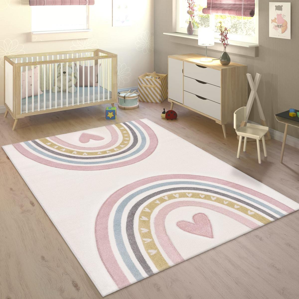 KINDERTEPPICH, mit Regenbogen- und Herz-Motiv, Rosa, 200 x 290 cm - Rosa, Textil (290/200cm) - KADIMA DESIGN