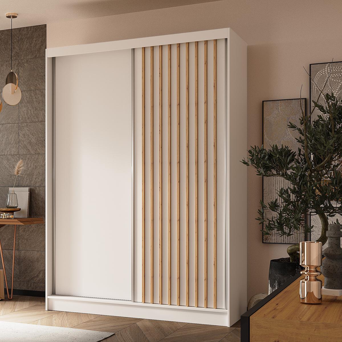 SCHWEBETÜRENSCHRANK LAMELLO 150/216/61 cm 2-türig Weiß - Weiß, Holzwerkstoff (150/216/61cm) - MASSENO