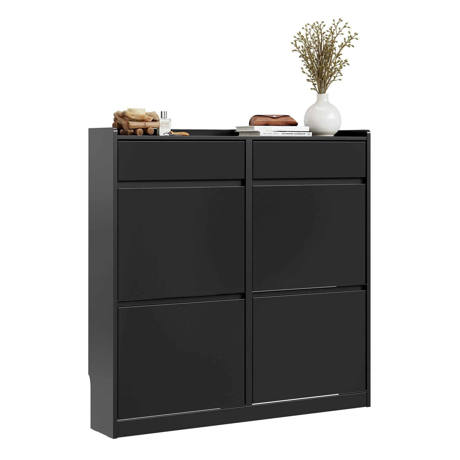 SCHUHKIPPER mit 4 Klappen und 2 Schubladen, Schwarz 98x19x95 cm - Schwarz, Holzwerkstoff (98/95/19cm) - SoBuy