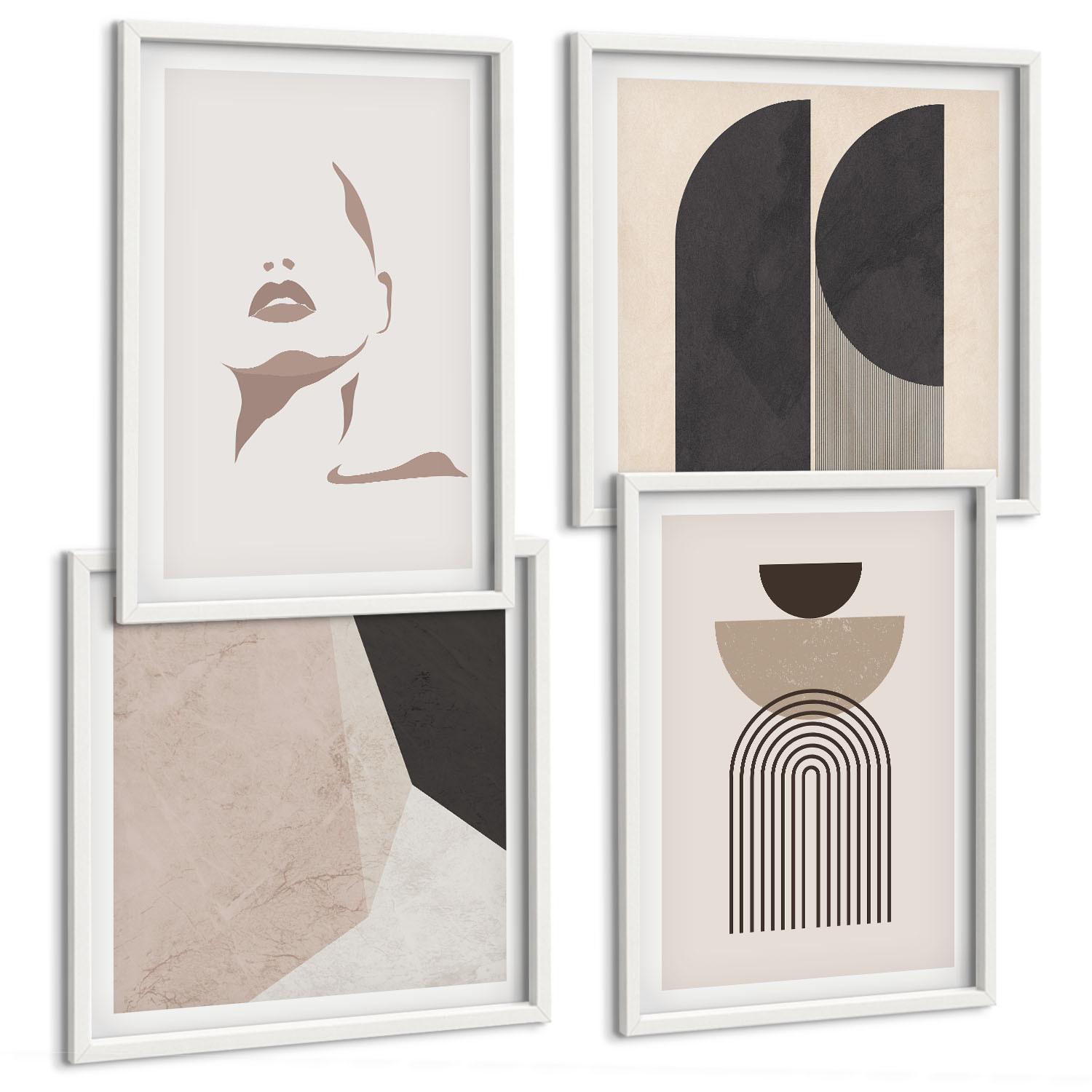 BILDER SET 4er Set - 50x50 cm & 40x60 cm Weißer Rahmen - Abstrakte weiß-braune Muster - Weiß, Kunststoff (50/50cm) - TULUP