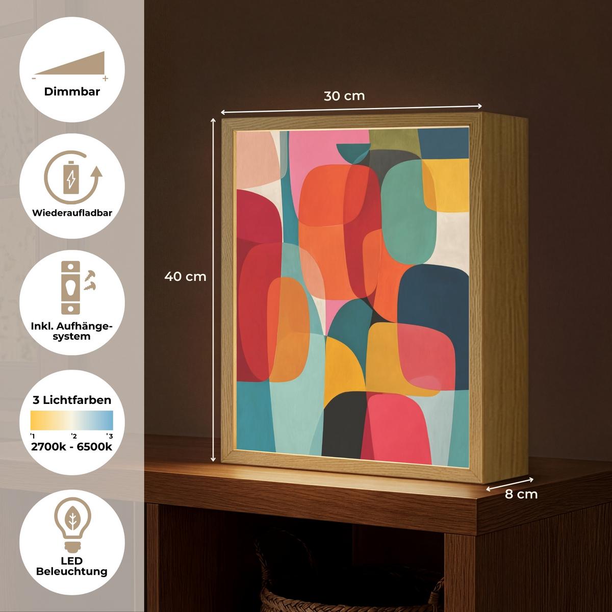 WANDLEUCHTE MIT AKKU Formen - Bunt - Abstrakt - Flugzeuge 30x40 cm - Multicolor, Holzwerkstoff (30/40/8cm) - OnlyWow