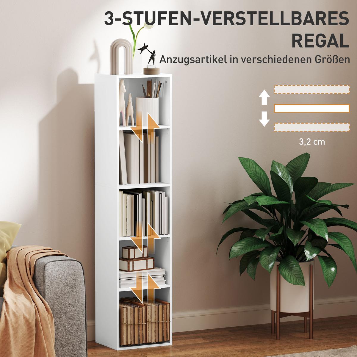 BÜCHERREGAL, Standregal mit 5 Ebenen, Verstellbare Ablage für Wohnzimmer - Weiß, Karton (24/133.5/30cm) - HOMCOM